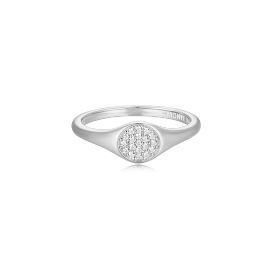Lab-Created Diamond Pave Circle Signet Ring in Rhodium-Plated Sterling Silver | M by Monte Luna