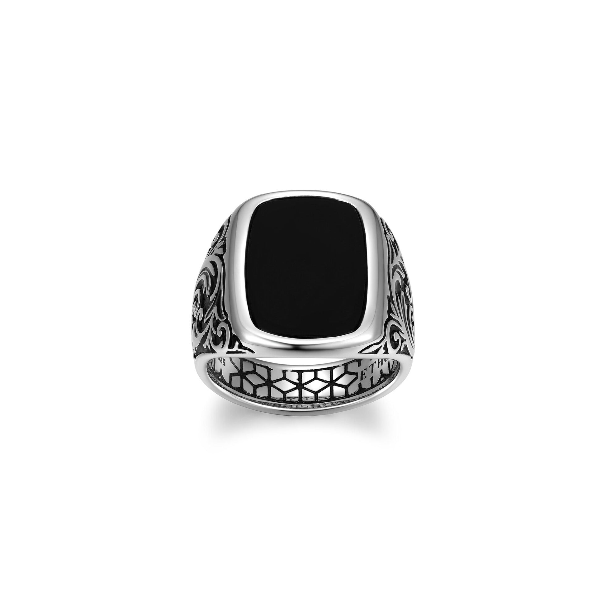 Chisel Rhodium Plated Black Agate Cushion Ring - UR01 | ethos