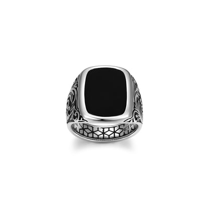 Chisel Rhodium Plated Black Agate Cushion Ring - UR01 | ethos