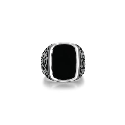Chisel Rhodium Plated Black Agate Cushion Ring - UR01 | ethos