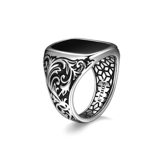 Chisel Rhodium Plated Black Agate Cushion Ring - UR01 | ethos