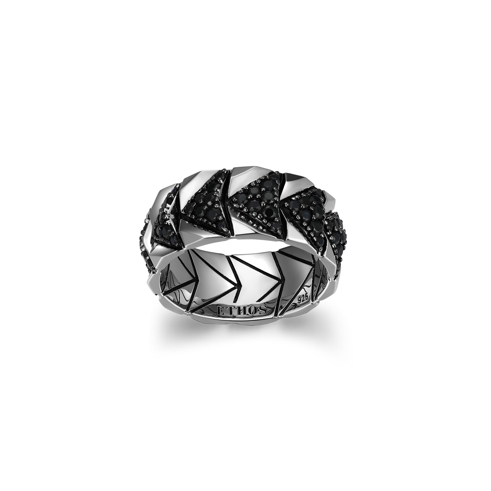 Chevron Rhodium and Gunmetal Sterling Silver and Black Sapphire Band Ring - UR06 | ethos
