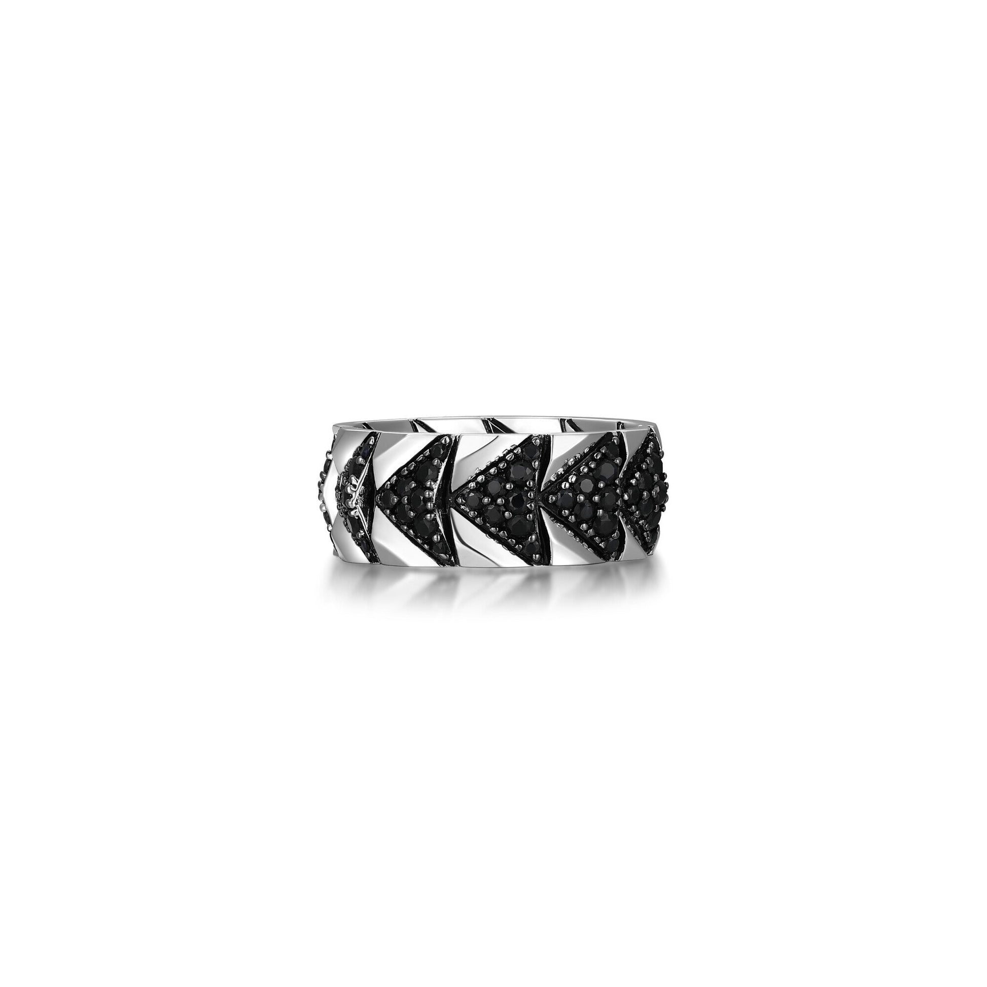 Chevron Rhodium and Gunmetal Sterling Silver and Black Sapphire Band Ring - UR06 | ethos