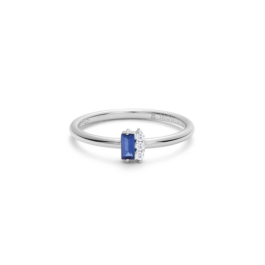 Lab-Created Sapphire Baguette & Diamond Round Cluster Ring in Rhodium-Plated Sterling Silver | M by Monte Luna