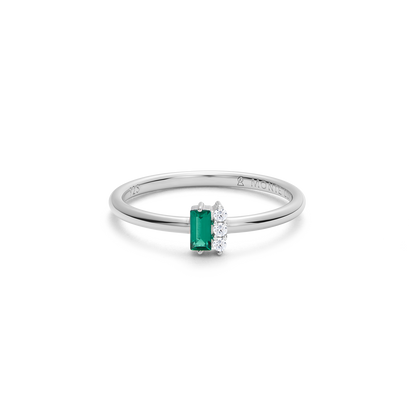 Lab-Created Emerald Baguette & Diamond Round Cluster Ring in Rhodium-Plated Sterling Silver | M by Monte Luna