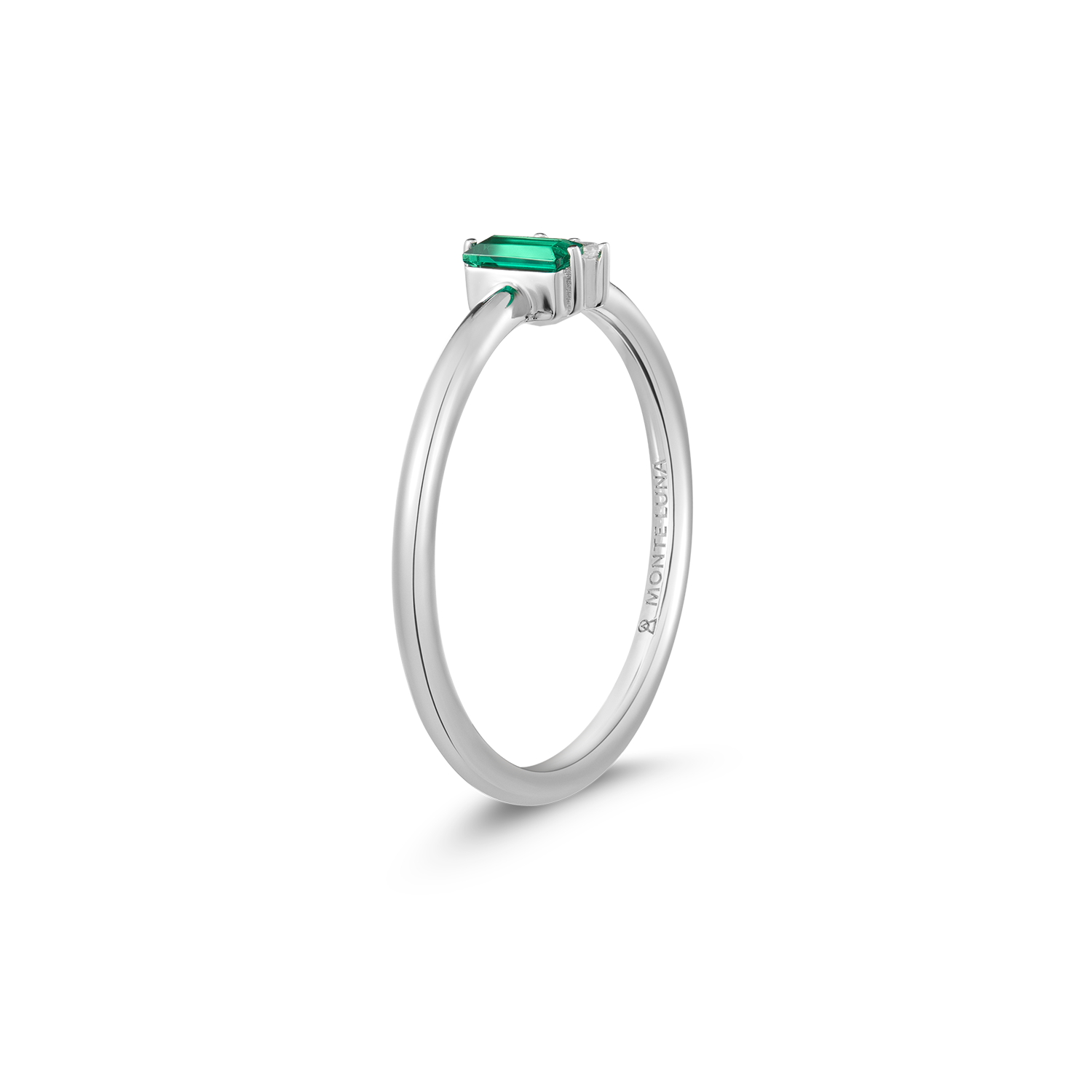 Lab-Created Emerald Baguette & Diamond Round Cluster Ring in Rhodium-Plated Sterling Silver | M by Monte Luna