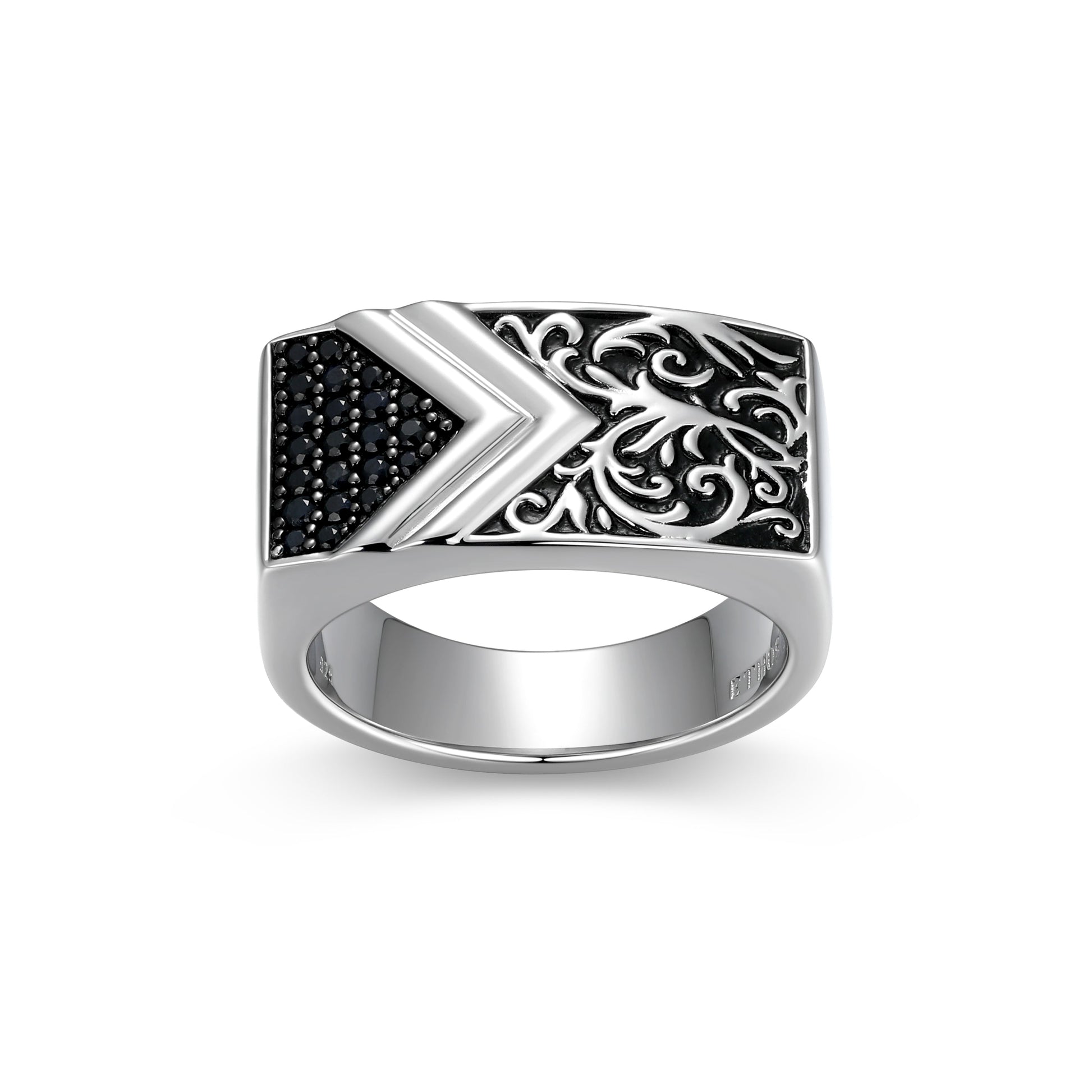 Chisel & Chevron Genuine Black Sapphire Ring in Rhodium-Plated Sterling Silver | ethos