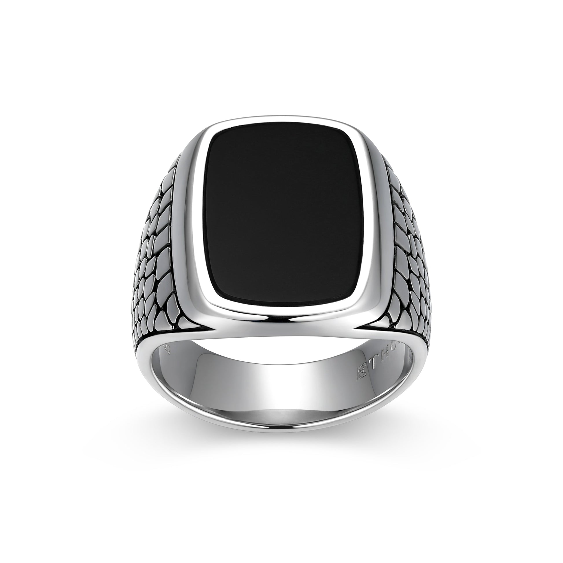Reptile Design Black Agate Signet Ring in Rhodium-Plated Sterling Silver | ethos