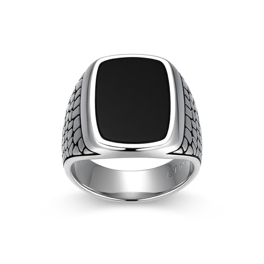 Reptile Design Black Agate Signet Ring in Rhodium-Plated Sterling Silver | ethos