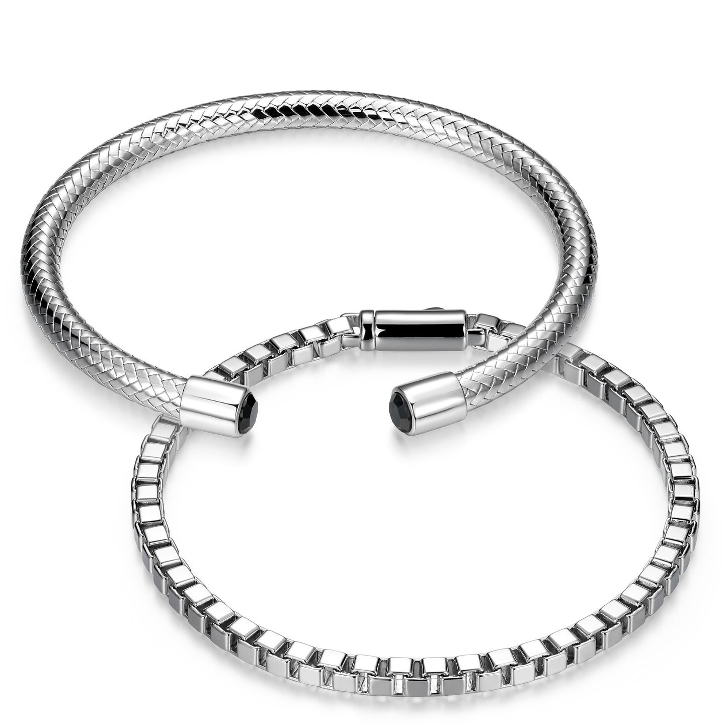 UB0108 - Braided Box Set Genuine Black Sapphire Cuff & Round Box Chain Bracelets in Rhodium - Plated Sterling Silver | ethos