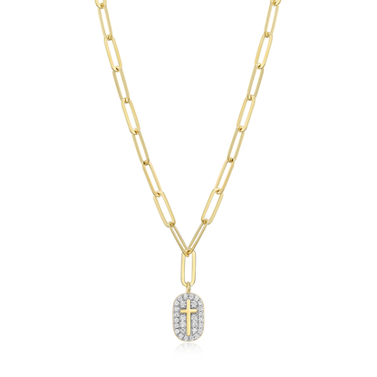 Cross Tag Pendant Lab-Created Diamond Paperclip Necklace in 14K Gold & Rhodium-Plated Sterling Silver | M by Monte Luna
