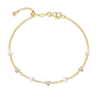 Hearts & Pearls Station Bolo Bracelet in 14K Gold-Plated Sterling Silver | M by Monte Luna
