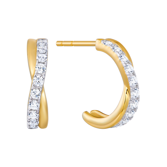 Pave Crossover J-Hoop Stud Earrings in 14K Yellow Gold-Plated Sterling Silver | M by Monte Luna