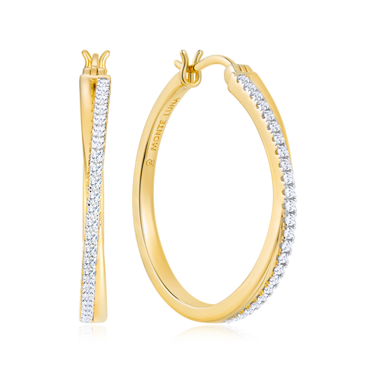 Large Half Pave Twist Hoop Earrings in 14K Yellow Gold-Plated Sterling Silver | M by Monte Luna