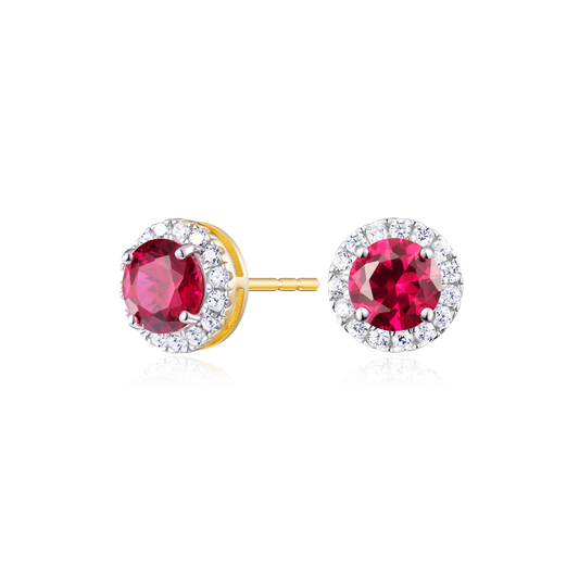 Round-Cut Lab-Created Ruby Halo Stud Earrings in 14K Yellow Gold | Monte Luna