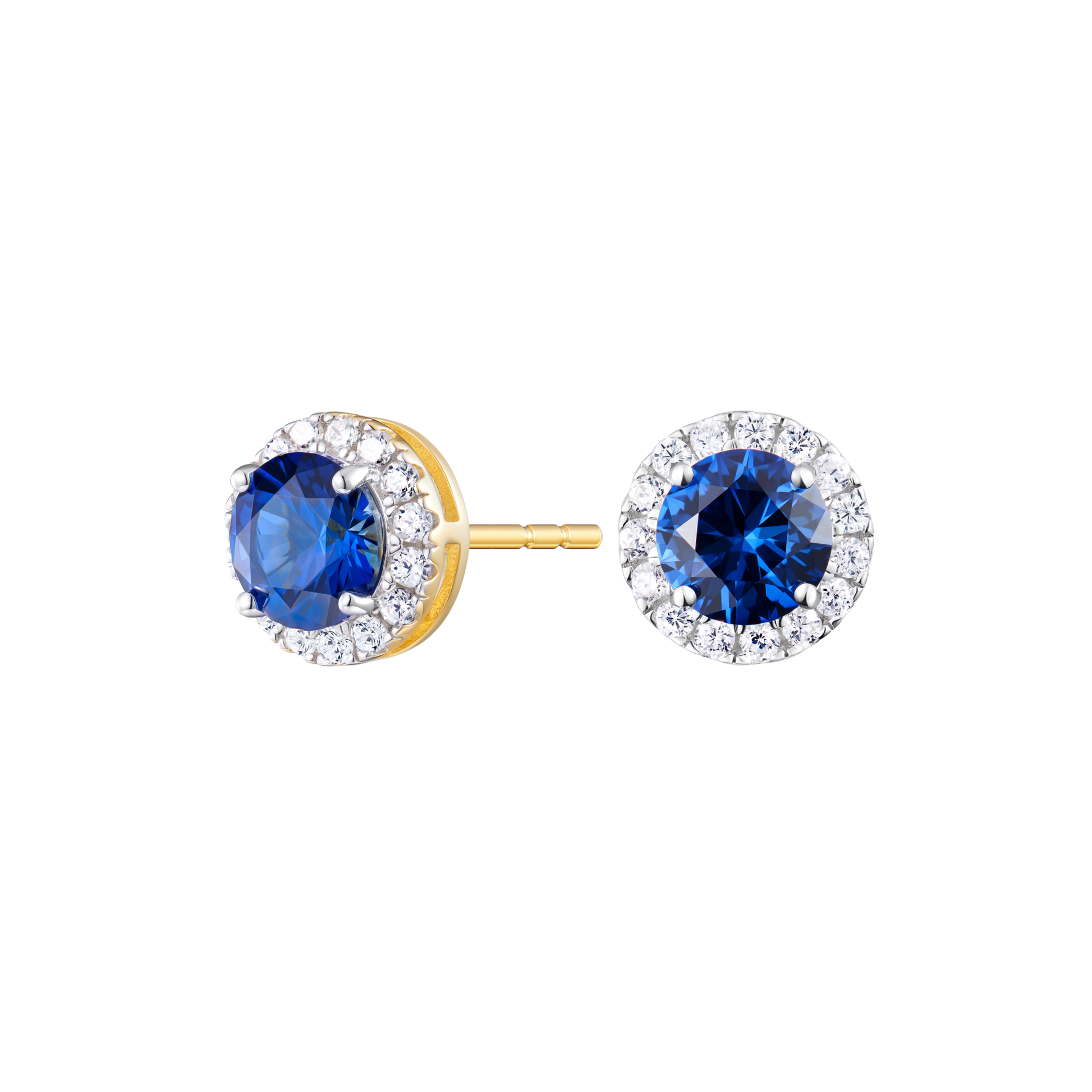 Round-Cut Lab-Created Blue Sapphire Halo Stud Earrings in 14K Yellow Gold | Monte Luna