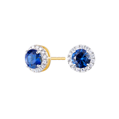 Round-Cut Lab-Created Blue Sapphire Halo Stud Earrings in 14K Yellow Gold | Monte Luna