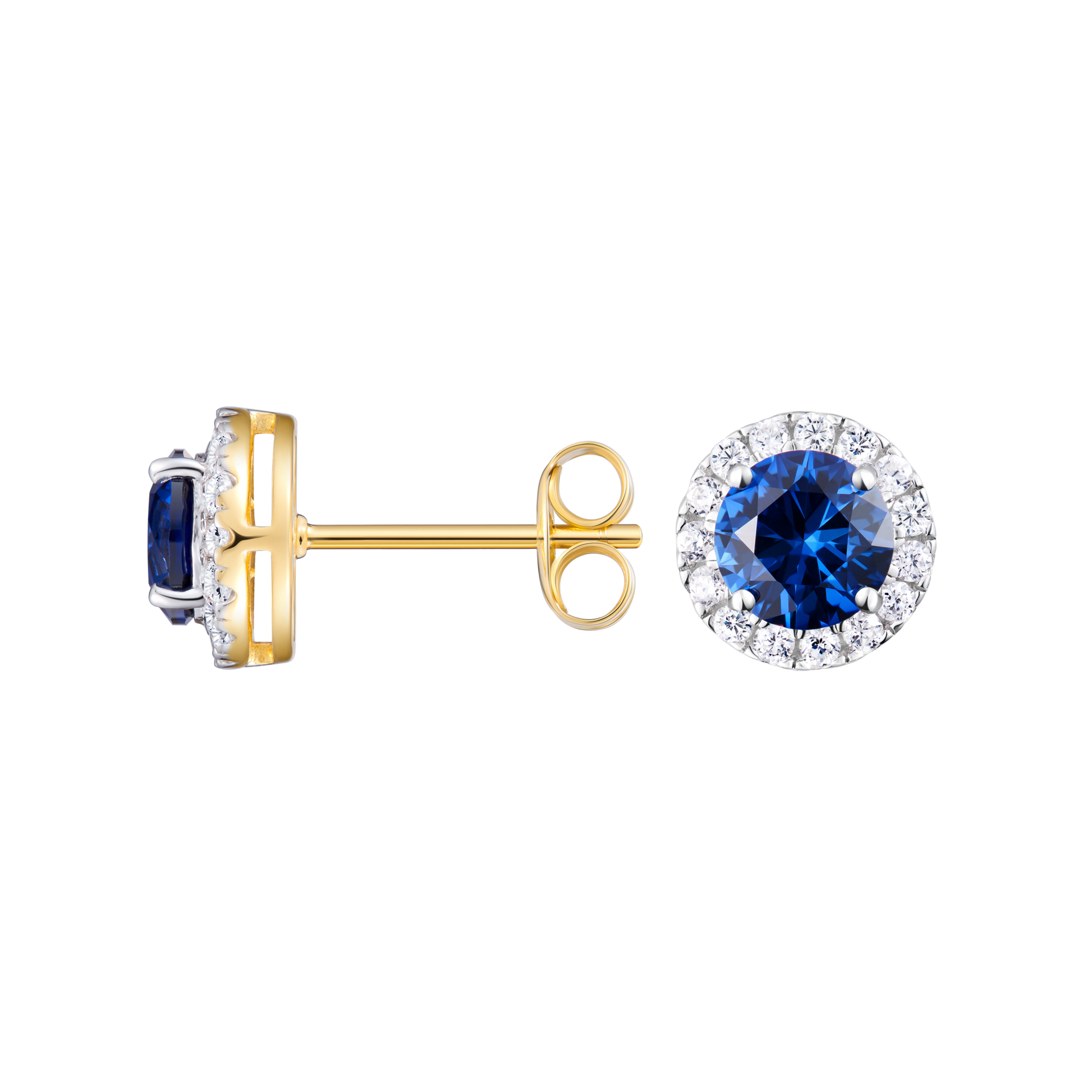 Round-Cut Lab-Created Blue Sapphire Halo Stud Earrings in 14K Yellow Gold | Monte Luna