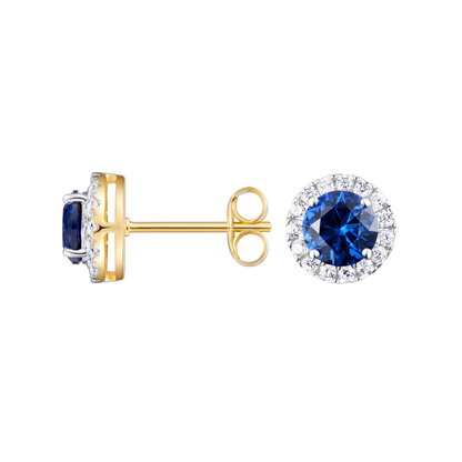Round-Cut Lab-Created Blue Sapphire Halo Stud Earrings in 14K Yellow Gold | Monte Luna