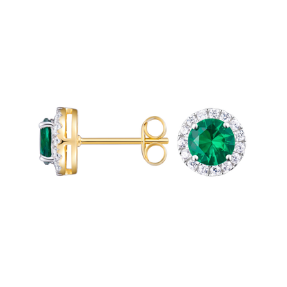 Round-Cut Lab-Created Emerald Halo Stud Earrings in 14K Yellow Gold | Monte Luna