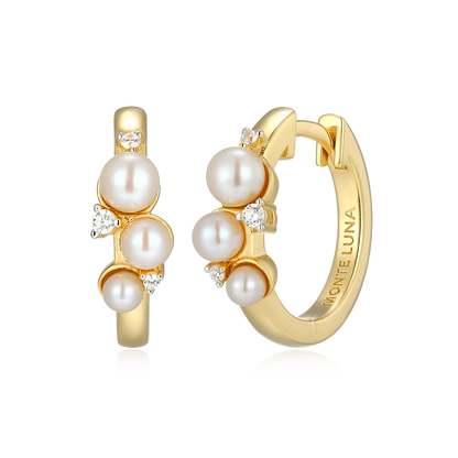 Scattered Genuine Pearl & Lab-Created Diamond Huggie Earrings in 14K Gold & Rhodium-Plated Sterling Silver | M by Monte Luna