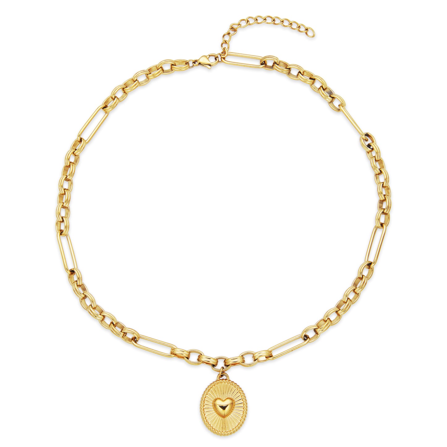 T0XJ800216 - Puffy Heart Oval Charm Multi-Shaped Chain Necklace | Steelx