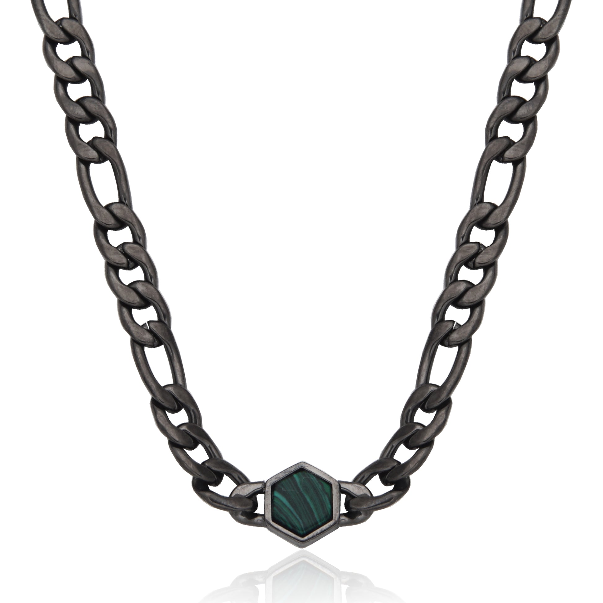 T0XK050422 - Hex Malachite Figaro Chain Necklace | steelx