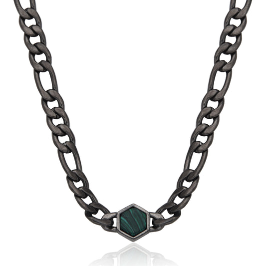 T0XK050422 - Hex Malachite Figaro Chain Necklace | steelx