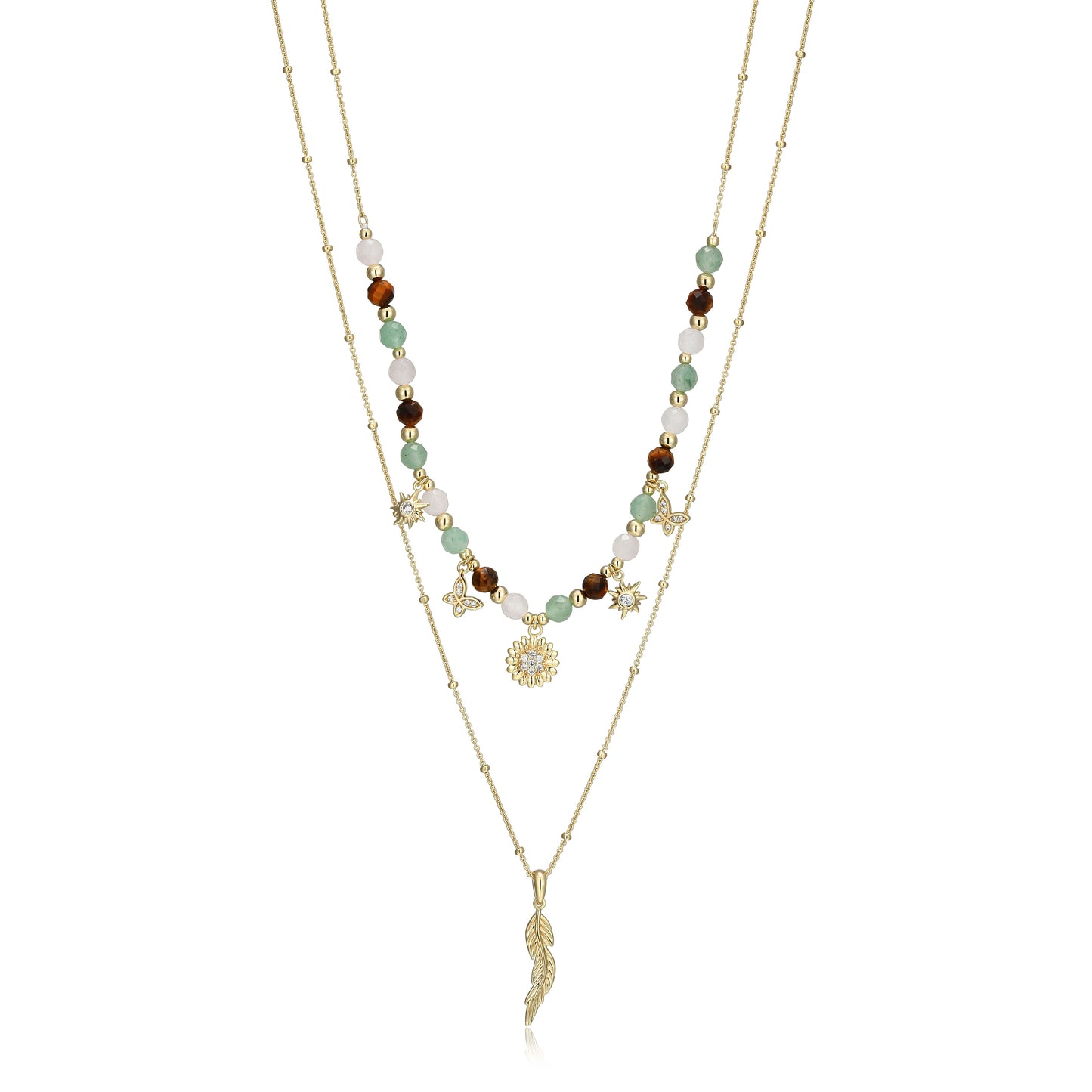 RN0203 - Genuine Dark Green Aventurine, Rose Quartz & Tiger's Eye Beaded Charm Necklace | reign