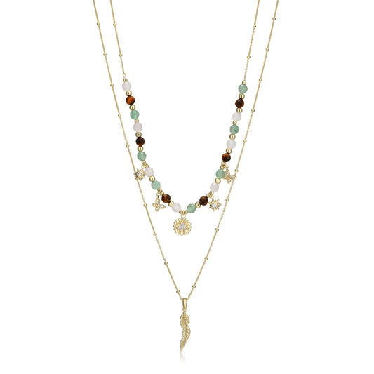 RN0203 - Genuine Dark Green Aventurine, Rose Quartz & Tiger's Eye Beaded Charm Necklace | reign